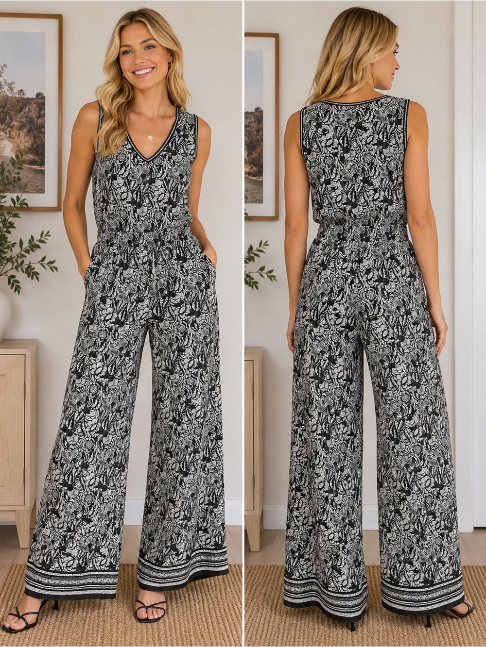 Max Studio Black & White Floral Wide Leg Jumpsuit 25491